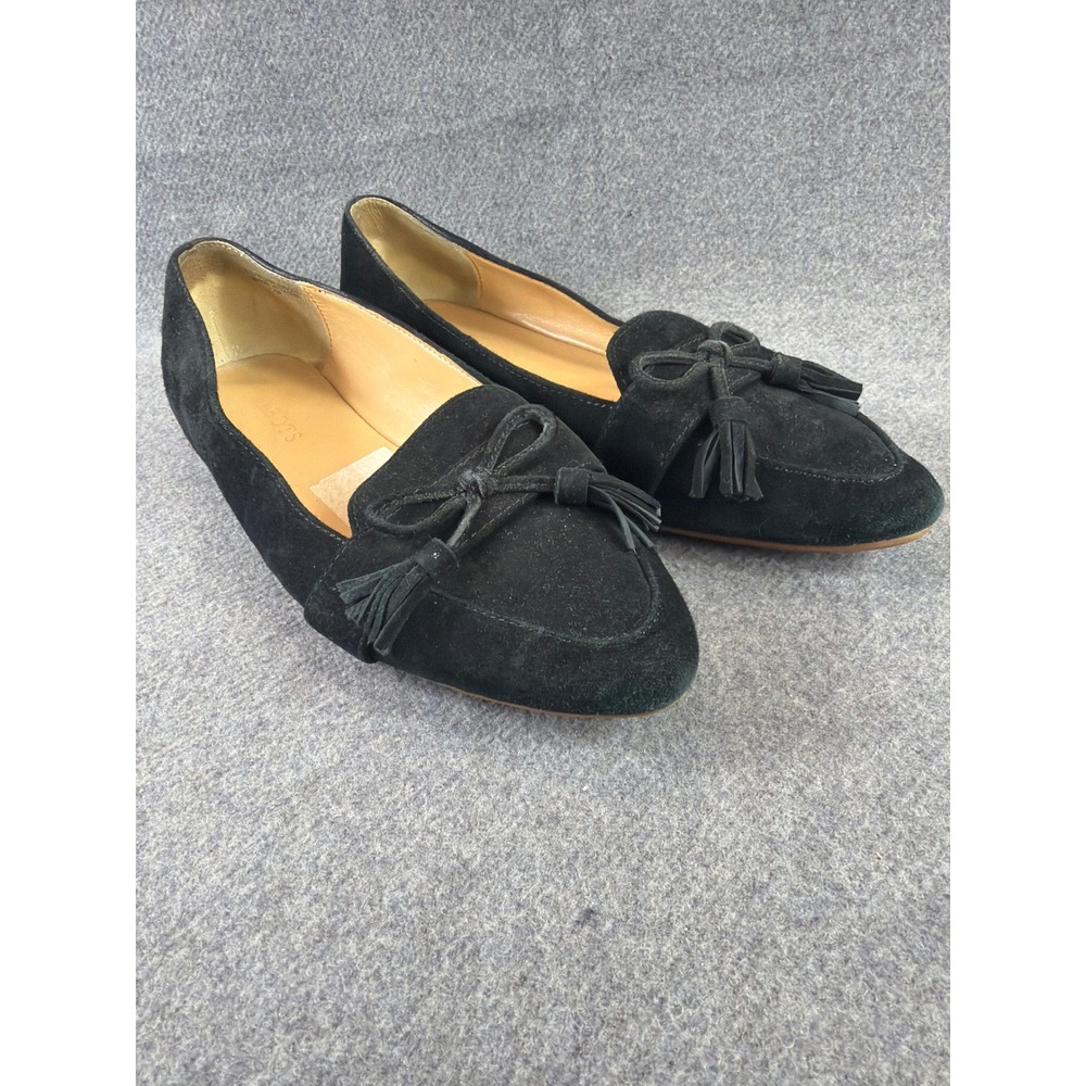 Talbots Tassel Bow Loafers Women 7M Black Suede Pointed Toe Flats Driver Sole